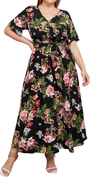 Plus Size Dress for Women High Waist V Neck Short Sleeve Midi Beach Sundress Floral Print Cocktail Party Dresses