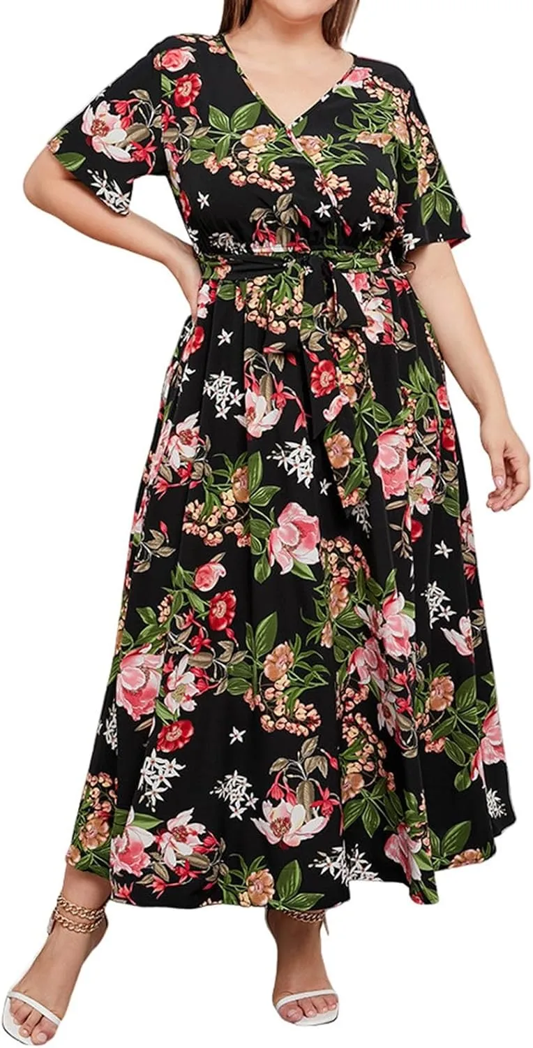 Plus Size Dress for Women High Waist V Neck Short Sleeve Midi Beach Sundress Floral Print Cocktail Party Dresses