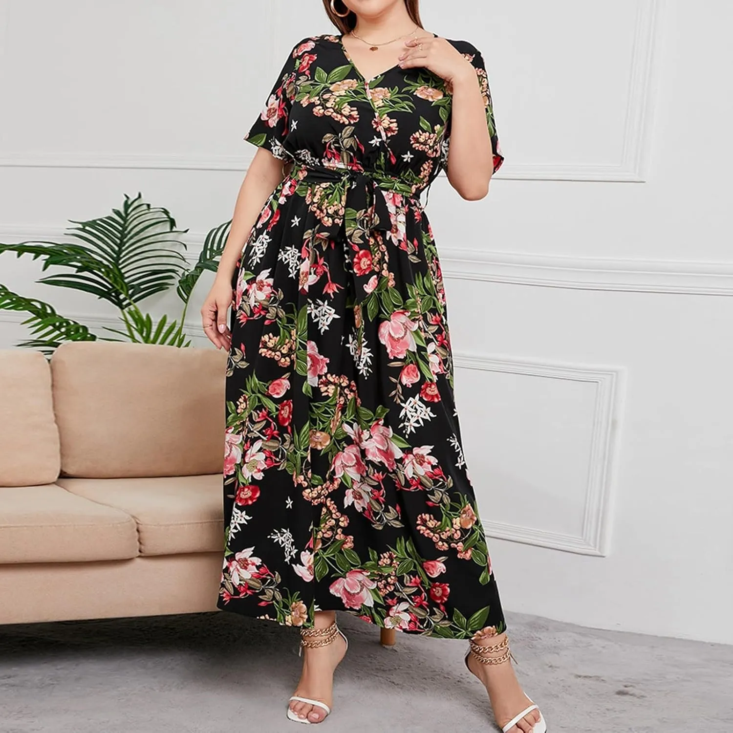 Plus Size Dress for Women High Waist V Neck Short Sleeve Midi Beach Sundress Floral Print Cocktail Party Dresses