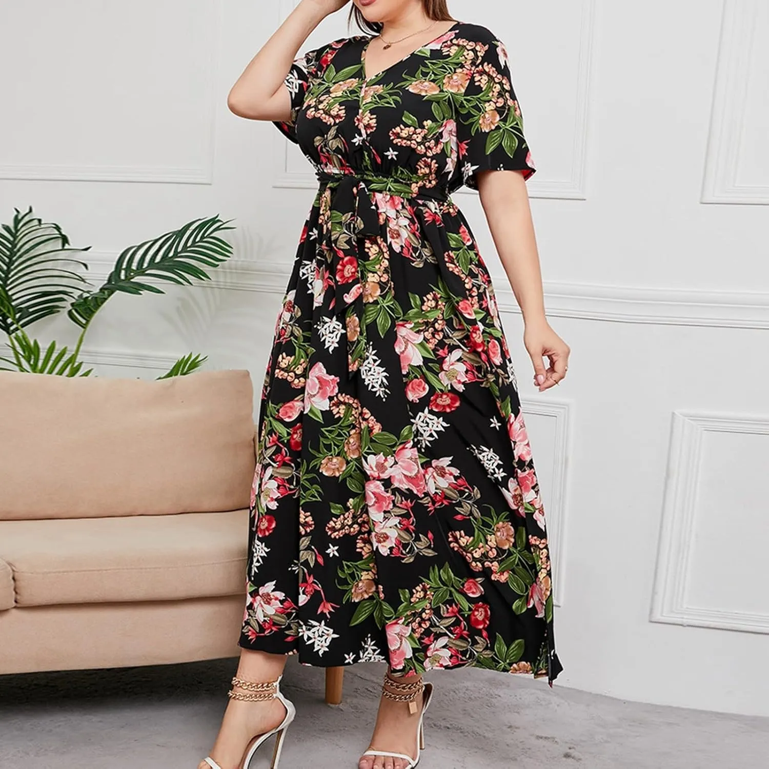 Plus Size Dress for Women High Waist V Neck Short Sleeve Midi Beach Sundress Floral Print Cocktail Party Dresses