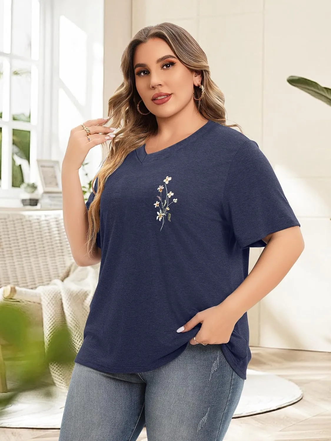 Plus Size T Shirt for Women Graphic Tees Short Sleeve Floral Print Loose Fit Summer Casual Tops 1XL-5XL
