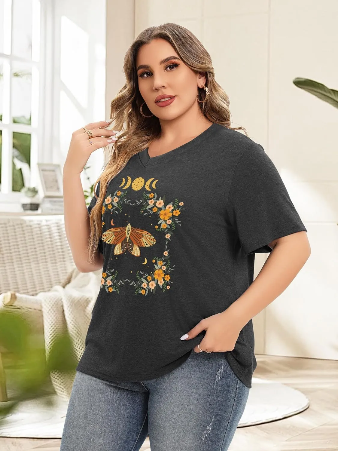 Plus Size T Shirt for Women Graphic Tees Short Sleeve Floral Print Loose Fit Summer Casual Tops 1XL-5XL