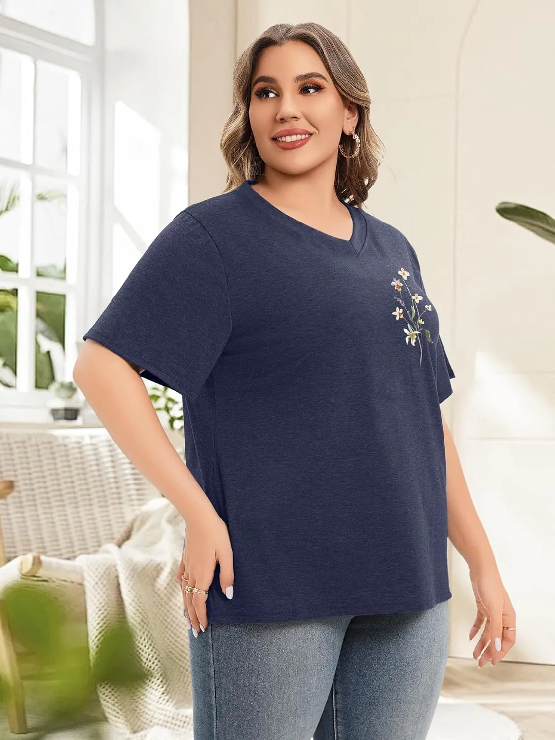 Plus Size T Shirt for Women Graphic Tees Short Sleeve Floral Print Loose Fit Summer Casual Tops 1XL-5XL