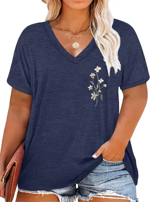 Plus Size T Shirt for Women Graphic Tees Short Sleeve Floral Print Loose Fit Summer Casual Tops 1XL-5XL