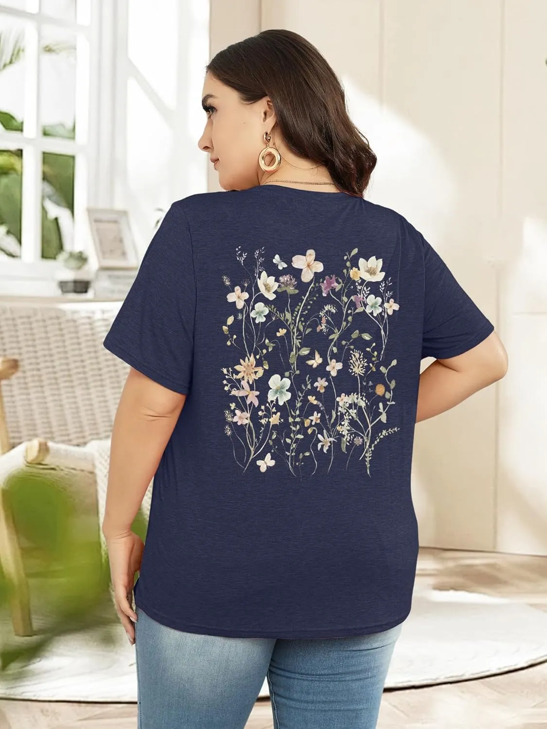 Plus Size T Shirt for Women Graphic Tees Short Sleeve Floral Print Loose Fit Summer Casual Tops 1XL-5XL