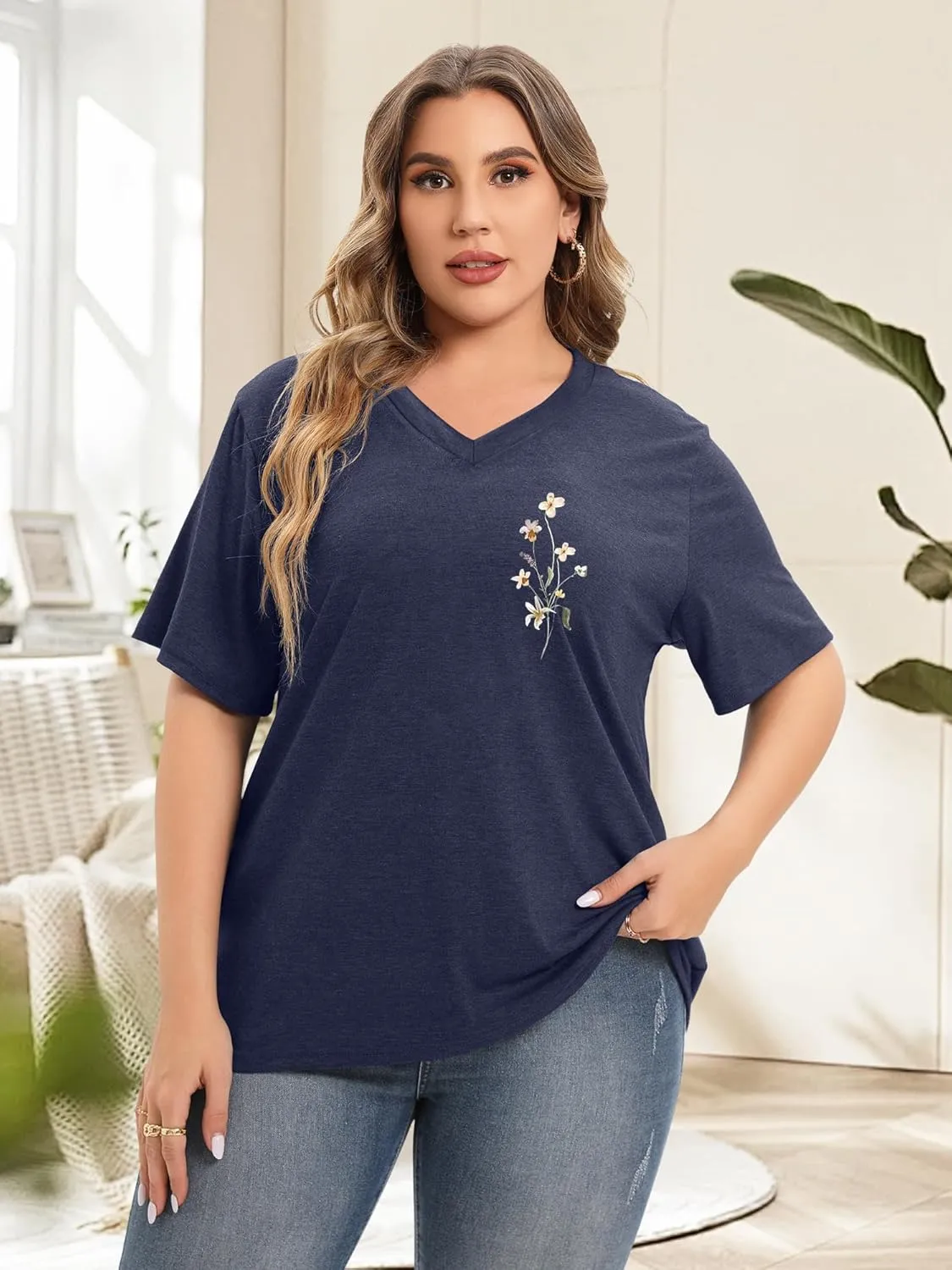 Plus Size T Shirt for Women Graphic Tees Short Sleeve Floral Print Loose Fit Summer Casual Tops 1XL-5XL