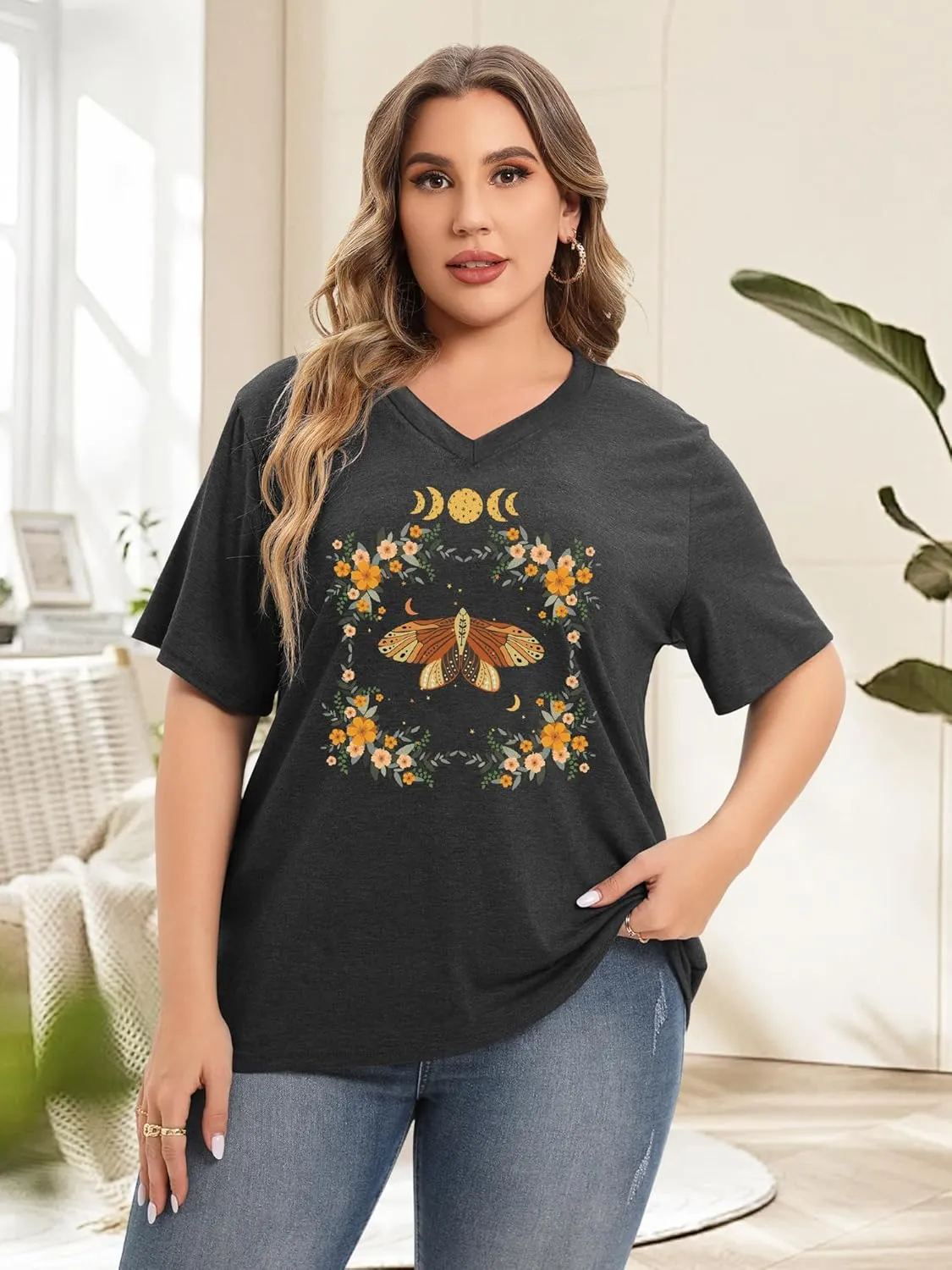 Plus Size T Shirt for Women Graphic Tees Short Sleeve Floral Print Loose Fit Summer Casual Tops 1XL-5XL
