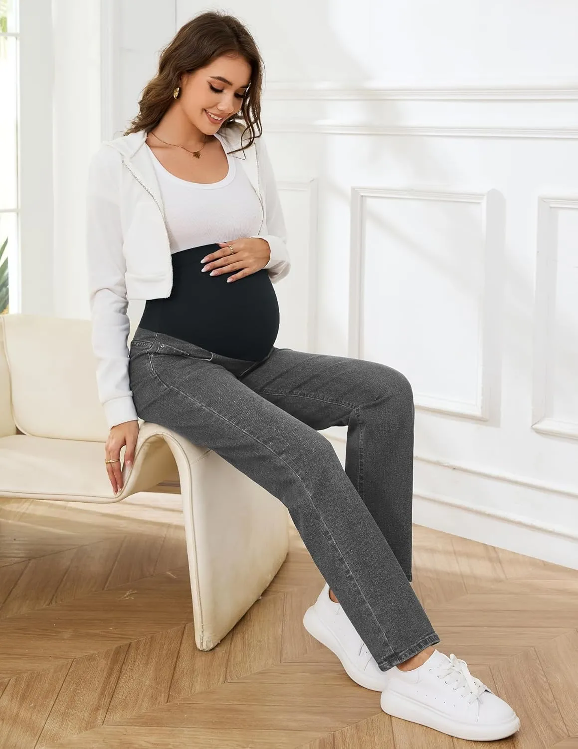 POSHGLAM Women's Maternity Jeans Straight Leg Over Belly Comfy Stretch Denim Pants, S-XXL
