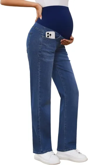 POSHGLAM Women's Maternity Jeans Straight Leg Over Belly Comfy Stretch Denim Pants, S-XXL