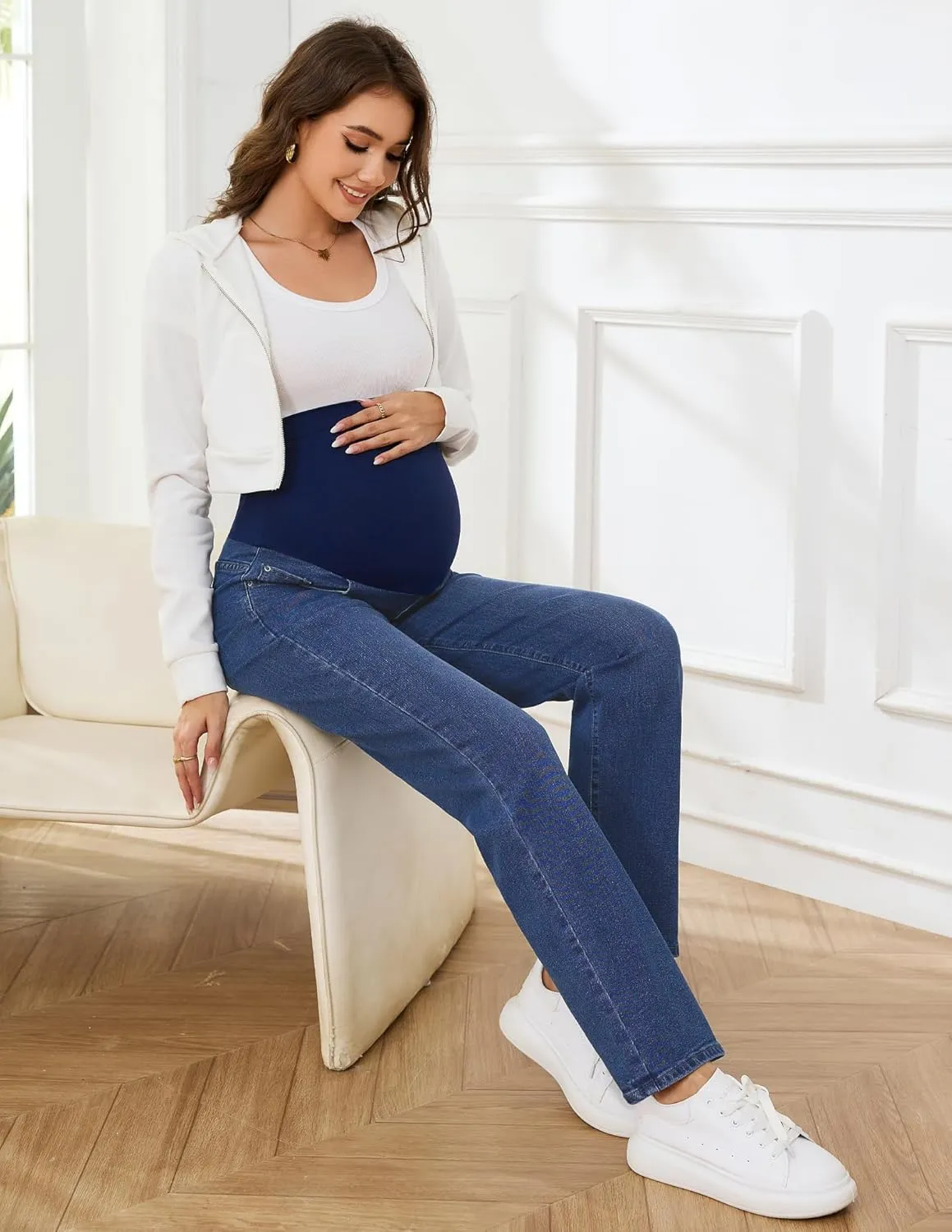 POSHGLAM Women's Maternity Jeans Straight Leg Over Belly Comfy Stretch Denim Pants, S-XXL