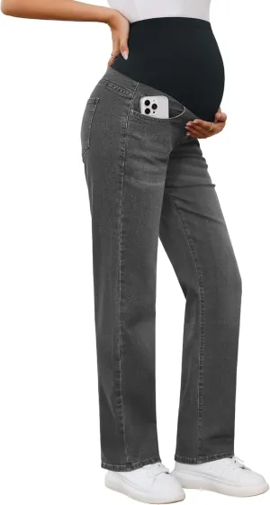 POSHGLAM Women's Maternity Jeans Straight Leg Over Belly Comfy Stretch Denim Pants, S-XXL