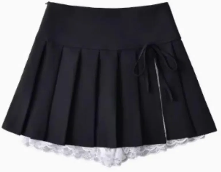Preppy Skirt Mini Skirt for Women Y2k Skirt Black Short Preppy Clothe Pleated Mini Skirts Lace