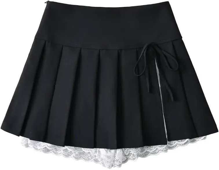 Preppy Skirt Mini Skirt for Women Y2k Skirt Black Short Preppy Clothe Pleated Mini Skirts Lace