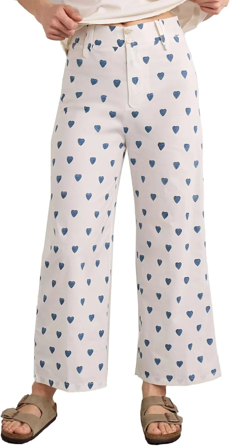 SCOFEEL Women's Heart Printed Pants High Waist Straight Wide Leg Pants Loose Fit Streetwear Trousers
