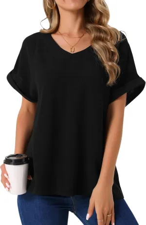 Seta T Women's Linen Tops Short Sleeve Summer t Shirts Basic Casual Outfits Loose Solid Color Blouse
