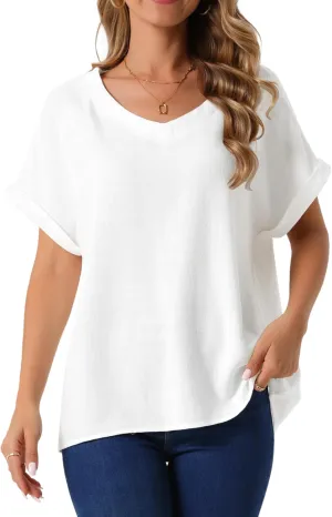 Seta T Women's Linen Tops Short Sleeve Summer t Shirts Basic Casual Outfits Loose Solid Color Blouse
