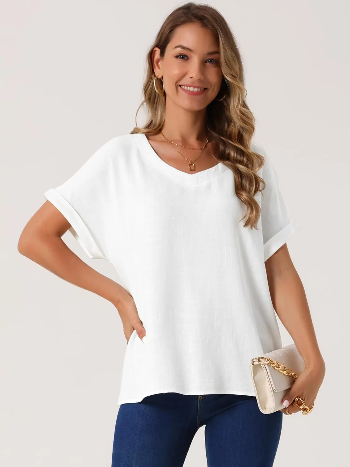 Seta T Women's Linen Tops Short Sleeve Summer t Shirts Basic Casual Outfits Loose Solid Color Blouse