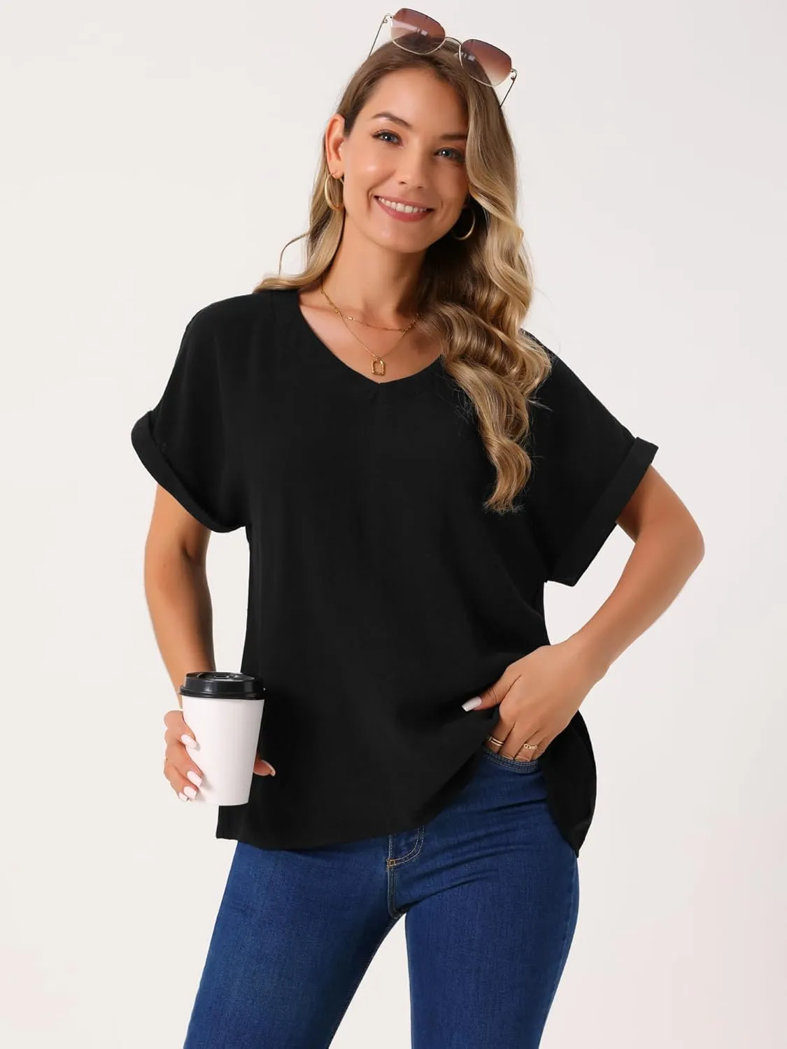 Seta T Women's Linen Tops Short Sleeve Summer t Shirts Basic Casual Outfits Loose Solid Color Blouse