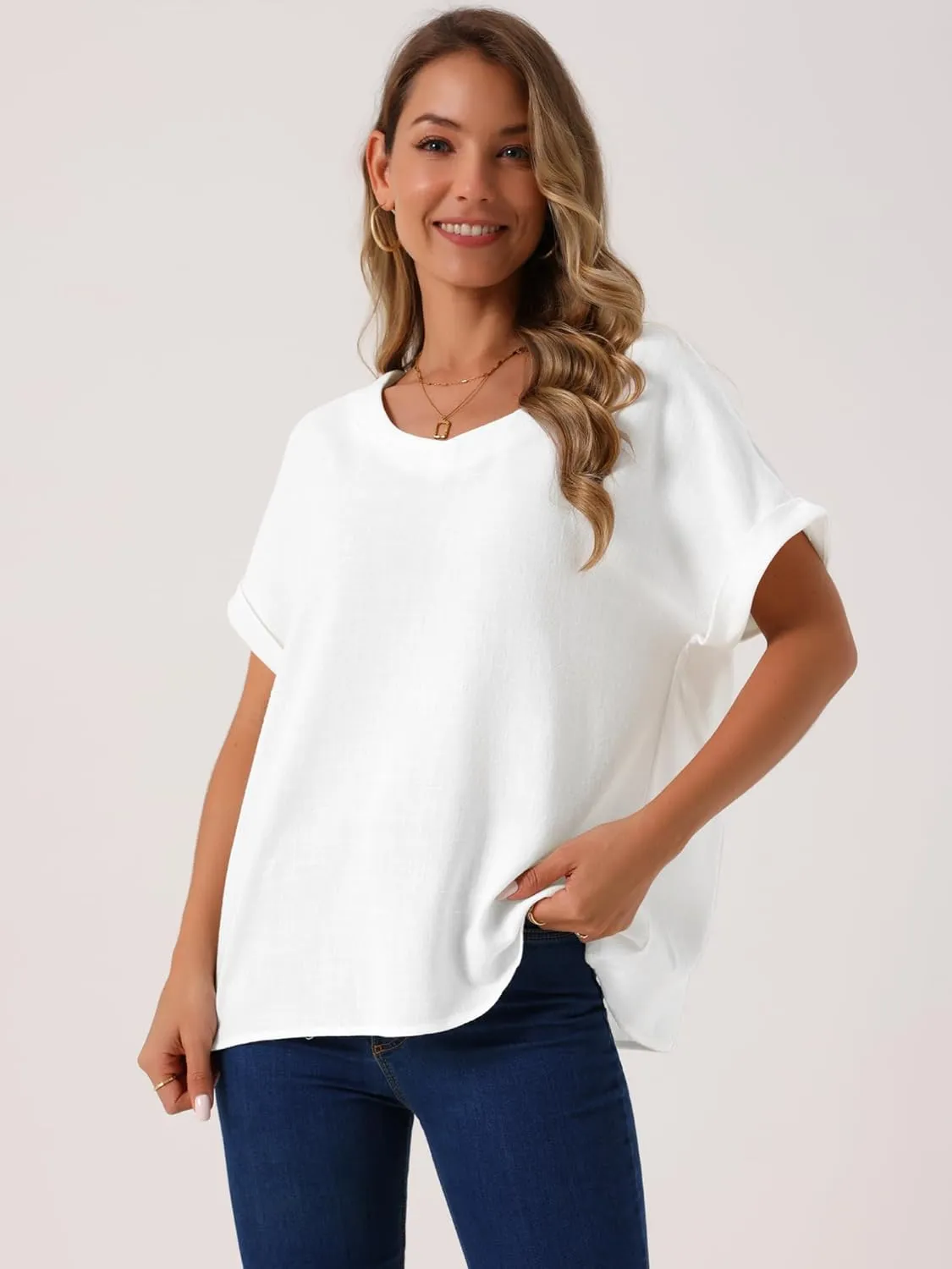 Seta T Women's Linen Tops Short Sleeve Summer t Shirts Basic Casual Outfits Loose Solid Color Blouse