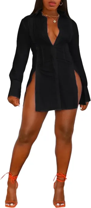 Sexy Shirts for Women Button Up Shirt Dress Outfits Party Long Sleeve Side Split Blouse Top