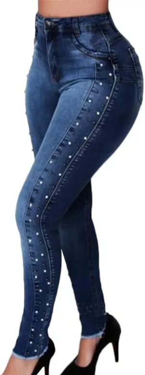 Sexyshine Women's High Waisted Pearl Jeans Beaded Rivet Skinny Denim Pants Raw Edge Stretch Pencil Jeggings