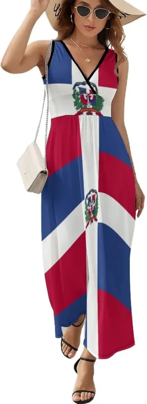 Sleeveless Dress Dress for Womens Summer Top Dominican Flag Casual V Neck Shift Dress 2XL