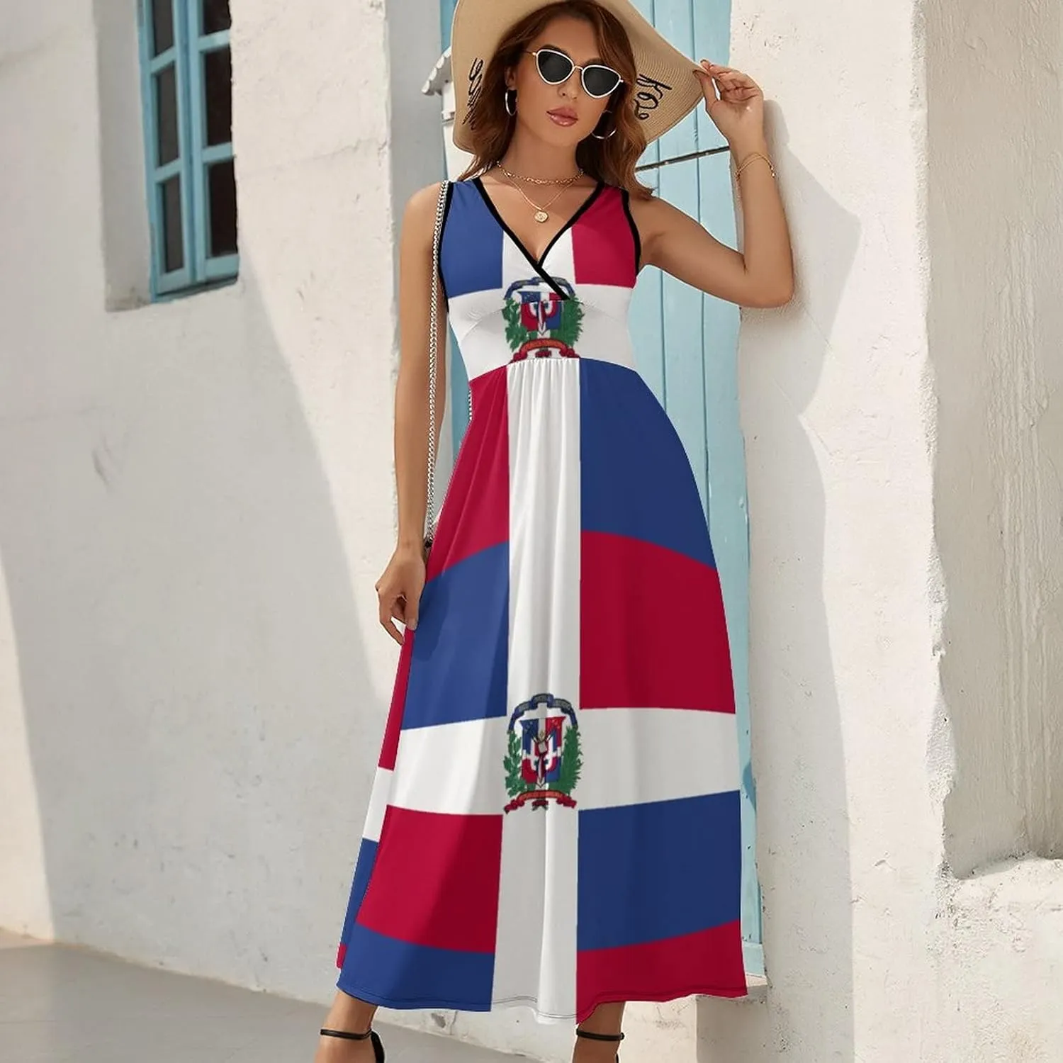 Sleeveless Dress Dress for Womens Summer Top Dominican Flag Casual V Neck Shift Dress 2XL