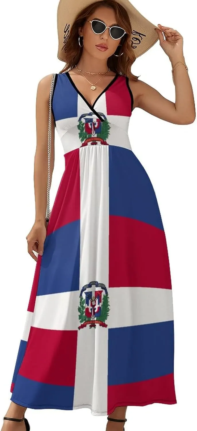 Sleeveless Dress Dress for Womens Summer Top Dominican Flag Casual V Neck Shift Dress 2XL