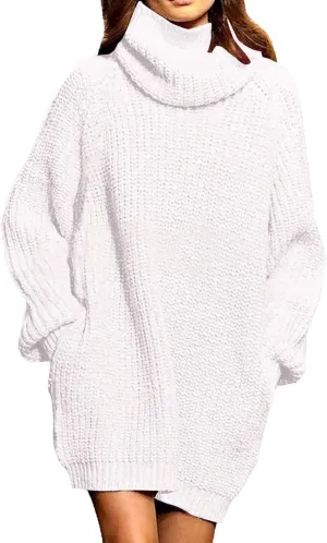 Sovoyontee Women's 2023 Fall Turtleneck Oversized Loose Long Sleeve Chunky Knit Pullover Short Sweater Dress with Pockets