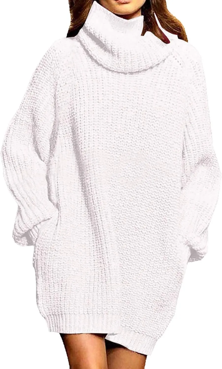 Sovoyontee Women's 2023 Fall Turtleneck Oversized Loose Long Sleeve Chunky Knit Pullover Short Sweater Dress with Pockets