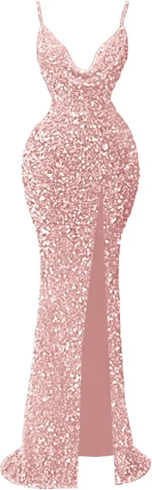 Sparkly Sequin Mermaid Prom Dresses for Women Spaghetti Straps Cowl Neck Long Formal Evening Ball Gowns with Slit