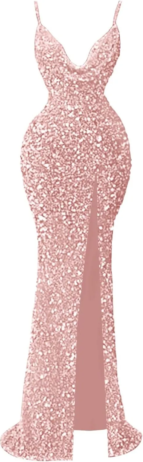 Sparkly Sequin Mermaid Prom Dresses for Women Spaghetti Straps Cowl Neck Long Formal Evening Ball Gowns with Slit