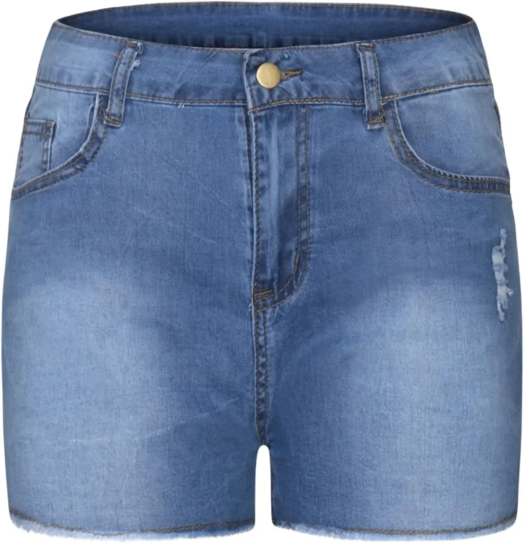 Stretchy Jean Shorts for Women High Waisted Butt Lifting Summer Shorts Distressed Raw Hem Booty Denim Shorts
