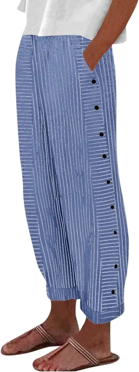 Striped Pants Women Elastic High Waisted Baggy Wide Leg Pants Vintage Cropped Trouser Lounge Pants with Pockets