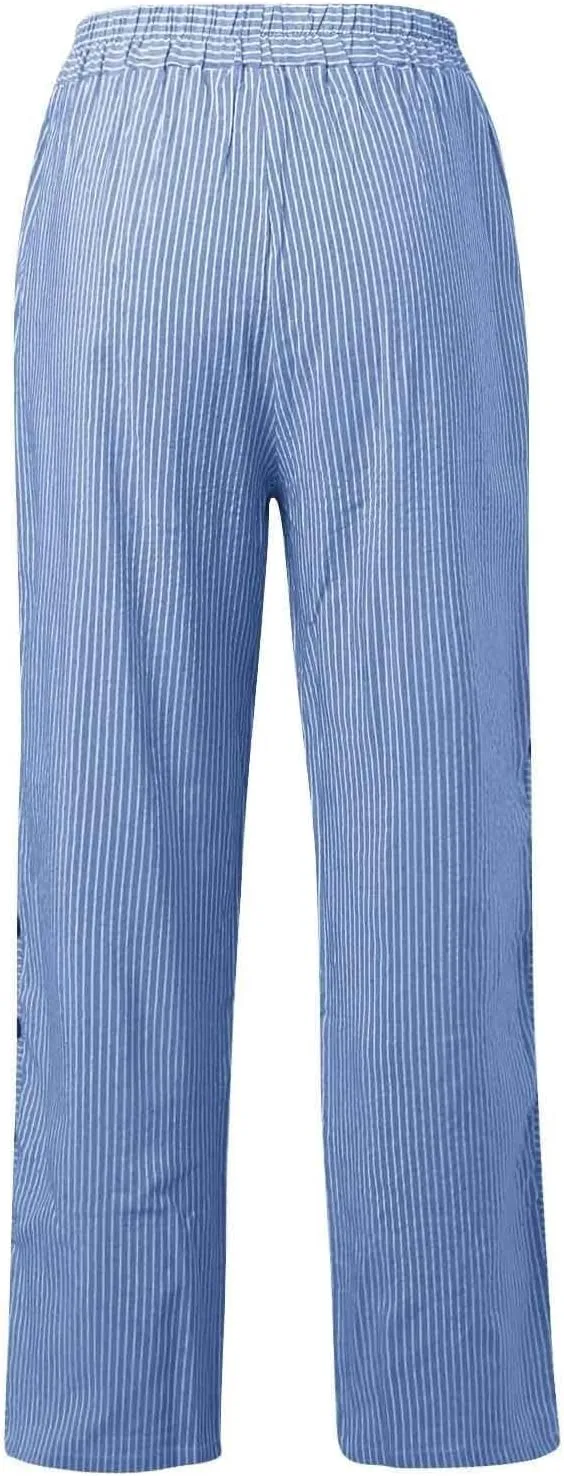 Striped Pants Women Elastic High Waisted Baggy Wide Leg Pants Vintage Cropped Trouser Lounge Pants with Pockets