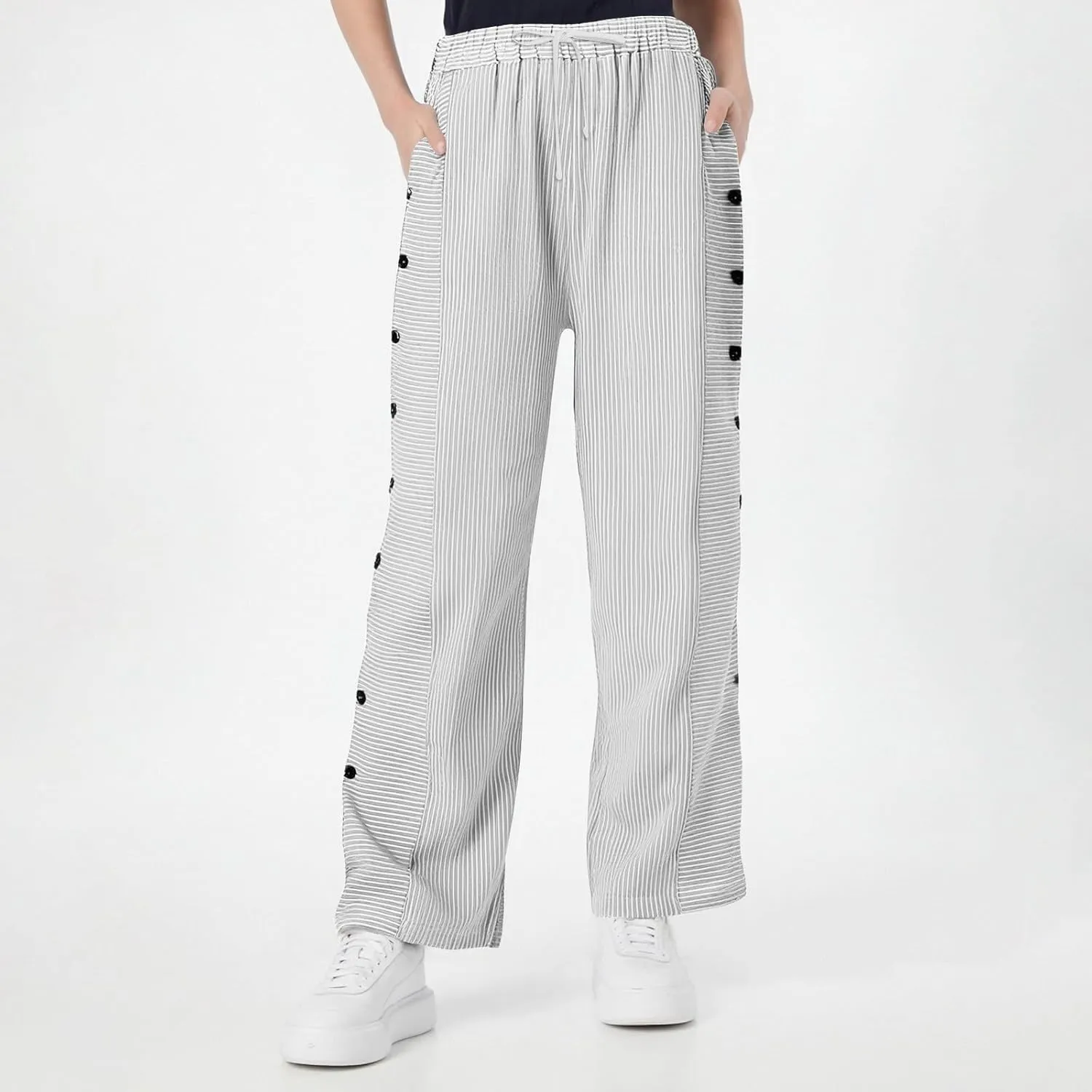 Striped Pants Women Elastic High Waisted Baggy Wide Leg Pants Vintage Cropped Trouser Lounge Pants with Pockets