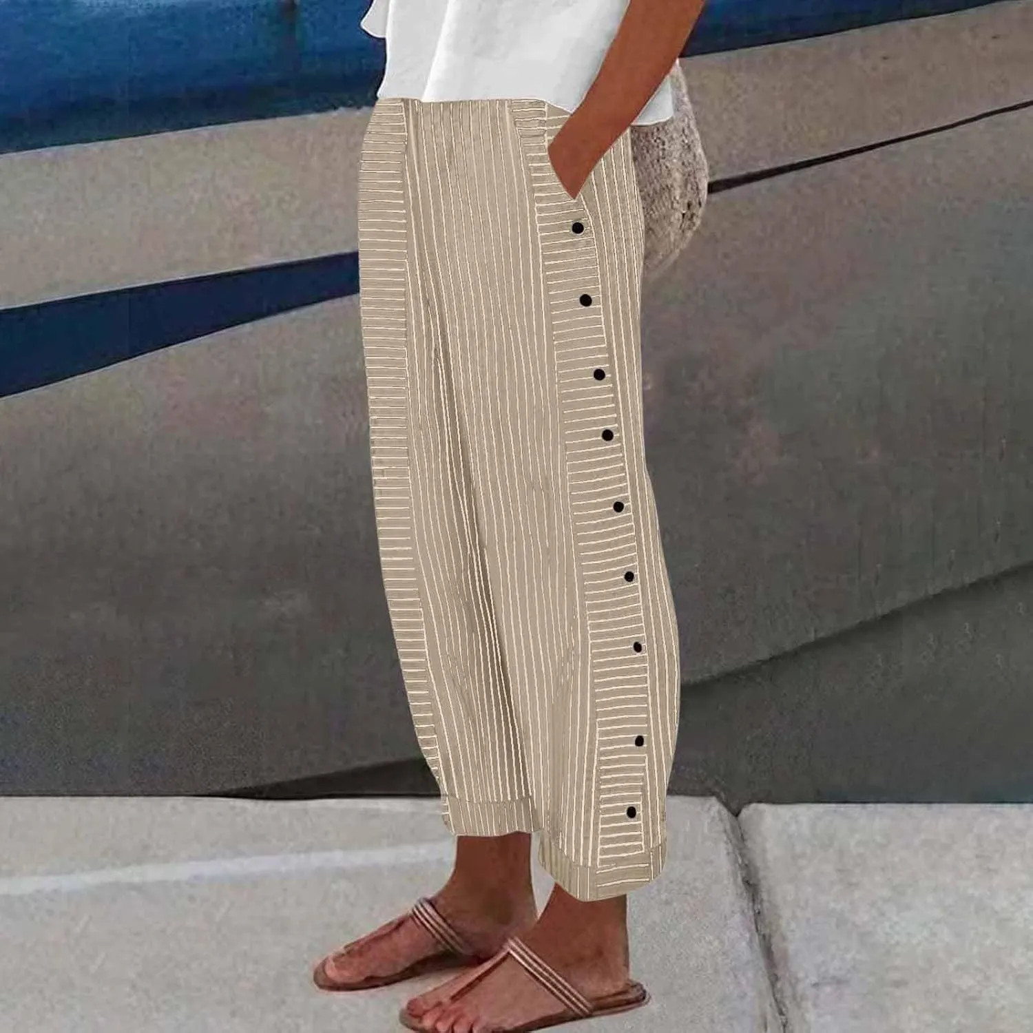 Striped Pants Women Elastic High Waisted Baggy Wide Leg Pants Vintage Cropped Trouser Lounge Pants with Pockets