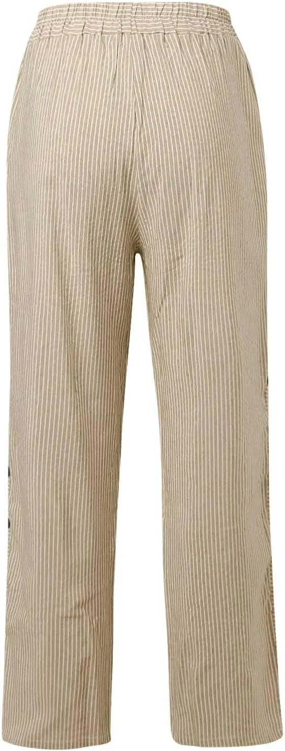 Striped Pants Women Elastic High Waisted Baggy Wide Leg Pants Vintage Cropped Trouser Lounge Pants with Pockets