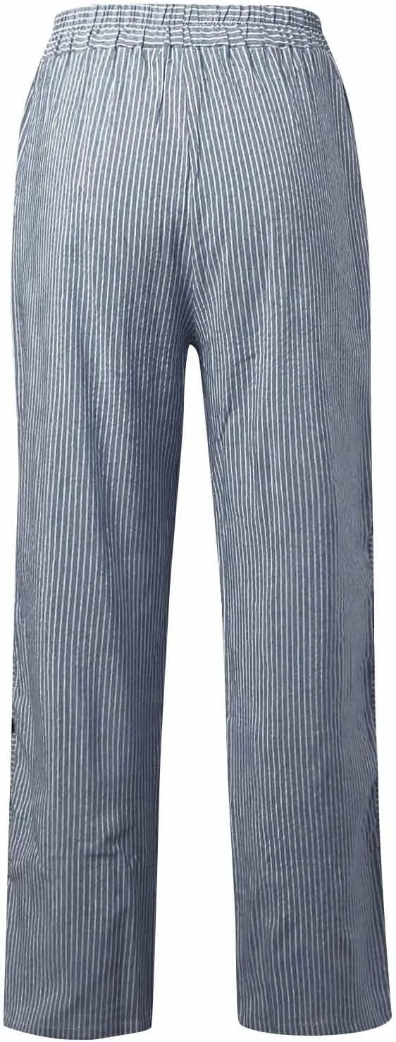 Striped Pants Women Elastic High Waisted Baggy Wide Leg Pants Vintage Cropped Trouser Lounge Pants with Pockets