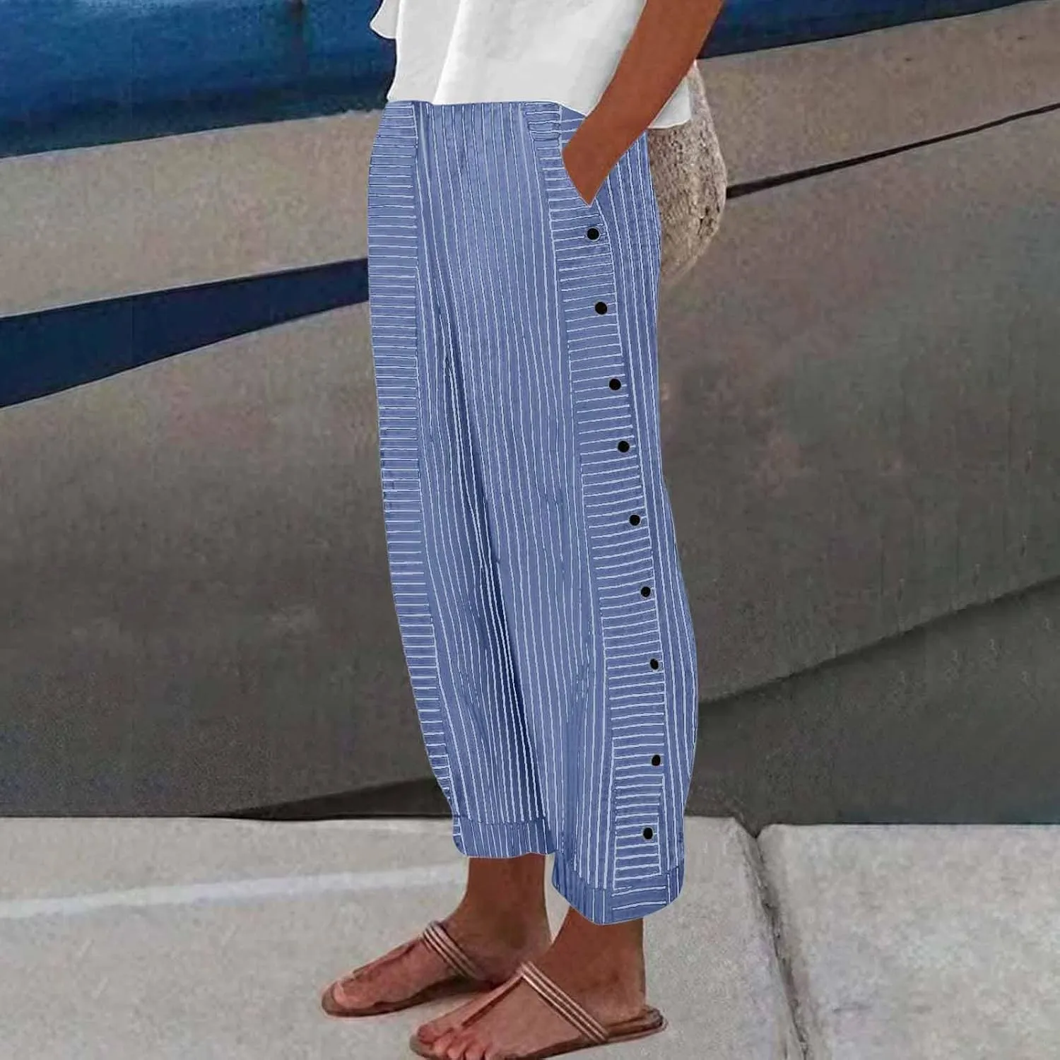 Striped Pants Women Elastic High Waisted Baggy Wide Leg Pants Vintage Cropped Trouser Lounge Pants with Pockets