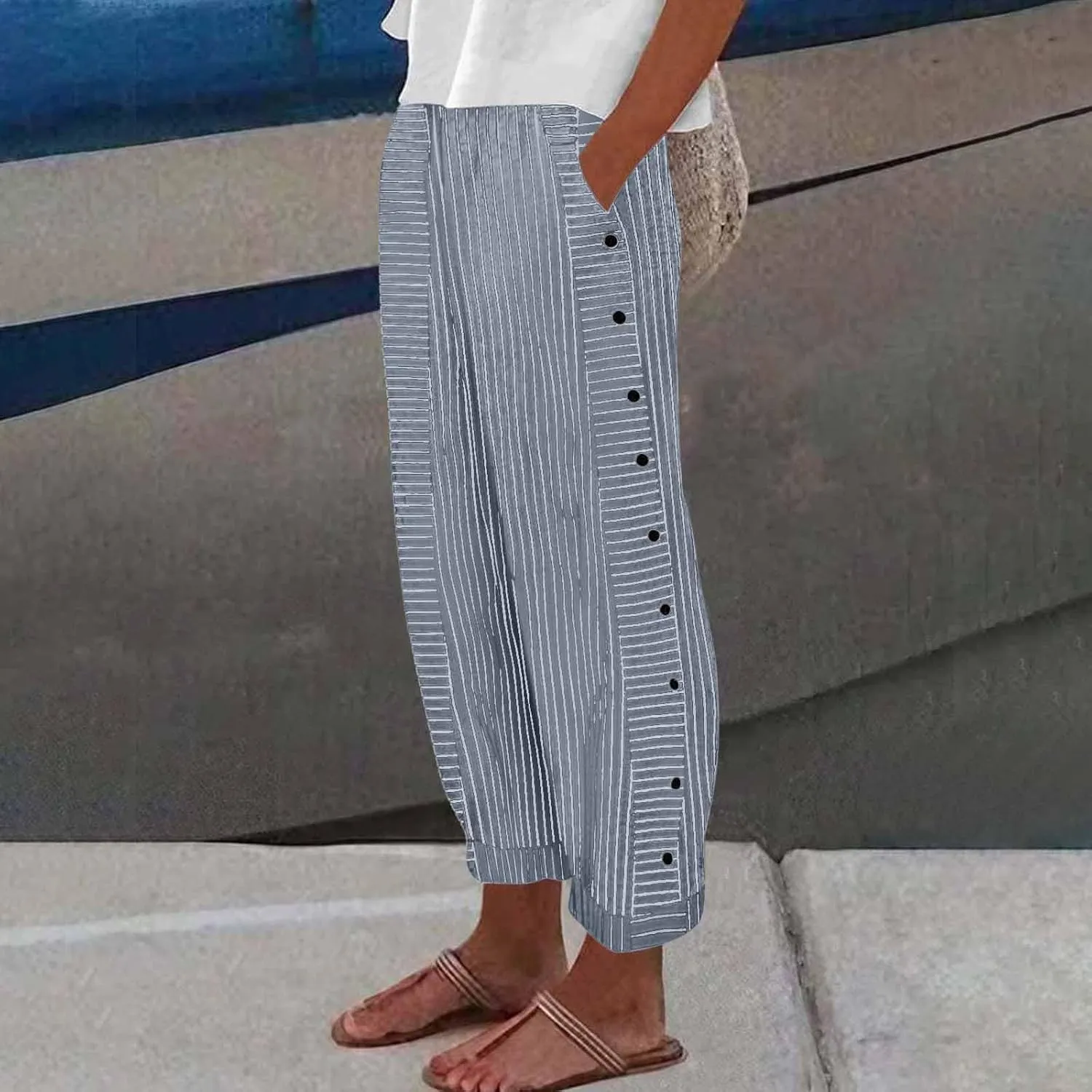 Striped Pants Women Elastic High Waisted Baggy Wide Leg Pants Vintage Cropped Trouser Lounge Pants with Pockets