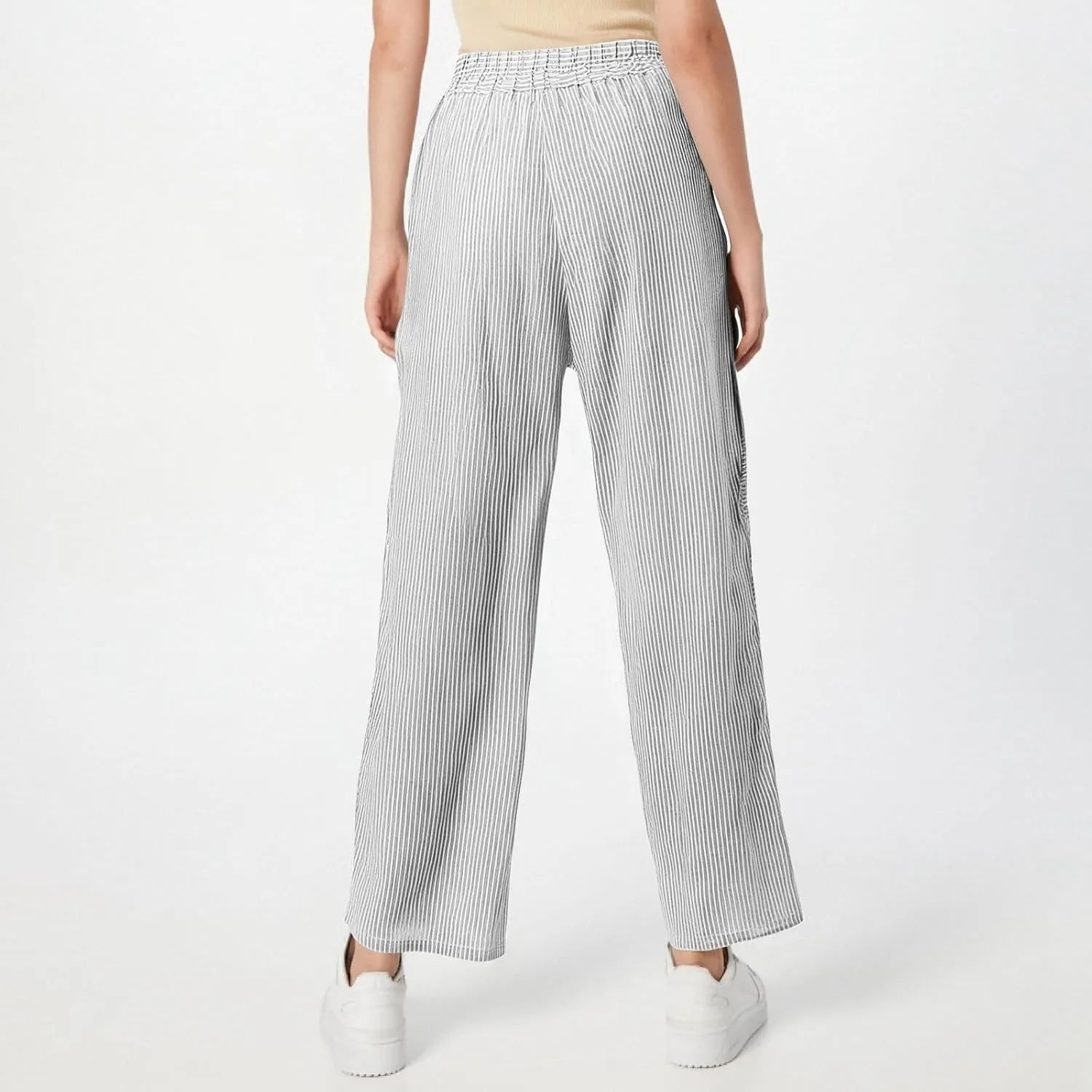 Striped Pants Women Elastic High Waisted Baggy Wide Leg Pants Vintage Cropped Trouser Lounge Pants with Pockets