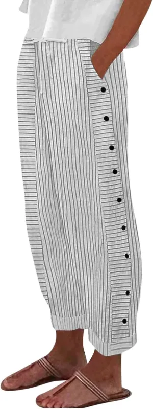 Striped Pants Women Elastic High Waisted Baggy Wide Leg Pants Vintage Cropped Trouser Lounge Pants with Pockets