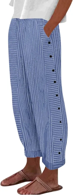 Striped Pants Women Elastic High Waisted Baggy Wide Leg Pants Vintage Cropped Trouser Lounge Pants with Pockets