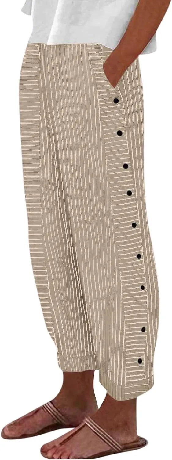 Striped Pants Women Elastic High Waisted Baggy Wide Leg Pants Vintage Cropped Trouser Lounge Pants with Pockets