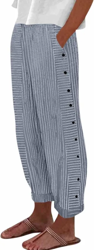 Striped Pants Women Elastic High Waisted Baggy Wide Leg Pants Vintage Cropped Trouser Lounge Pants with Pockets