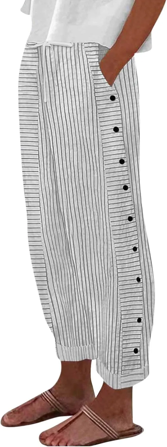 Striped Pants Women Elastic High Waisted Baggy Wide Leg Pants Vintage Cropped Trouser Lounge Pants with Pockets