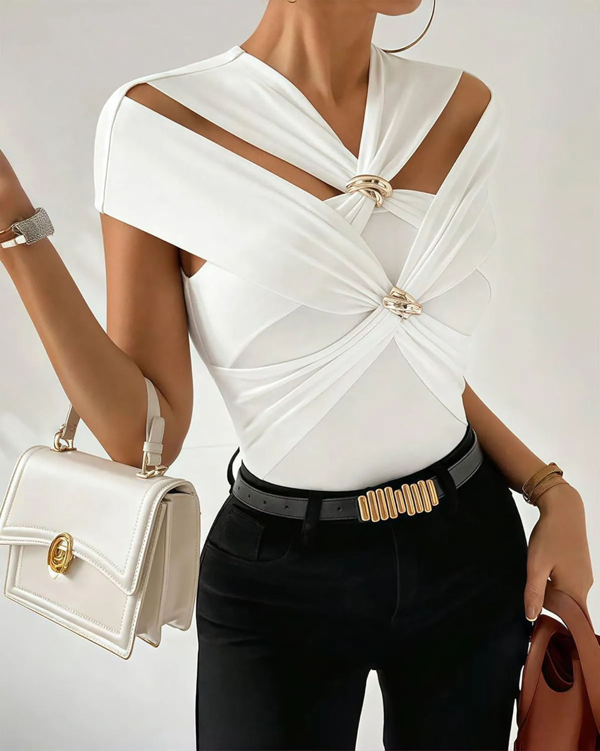 stylewe Criss Cross Tops for Women Cut Out Cap Sleeve Top V Neck Fitted Twist Knot Front Metal Decor Tee