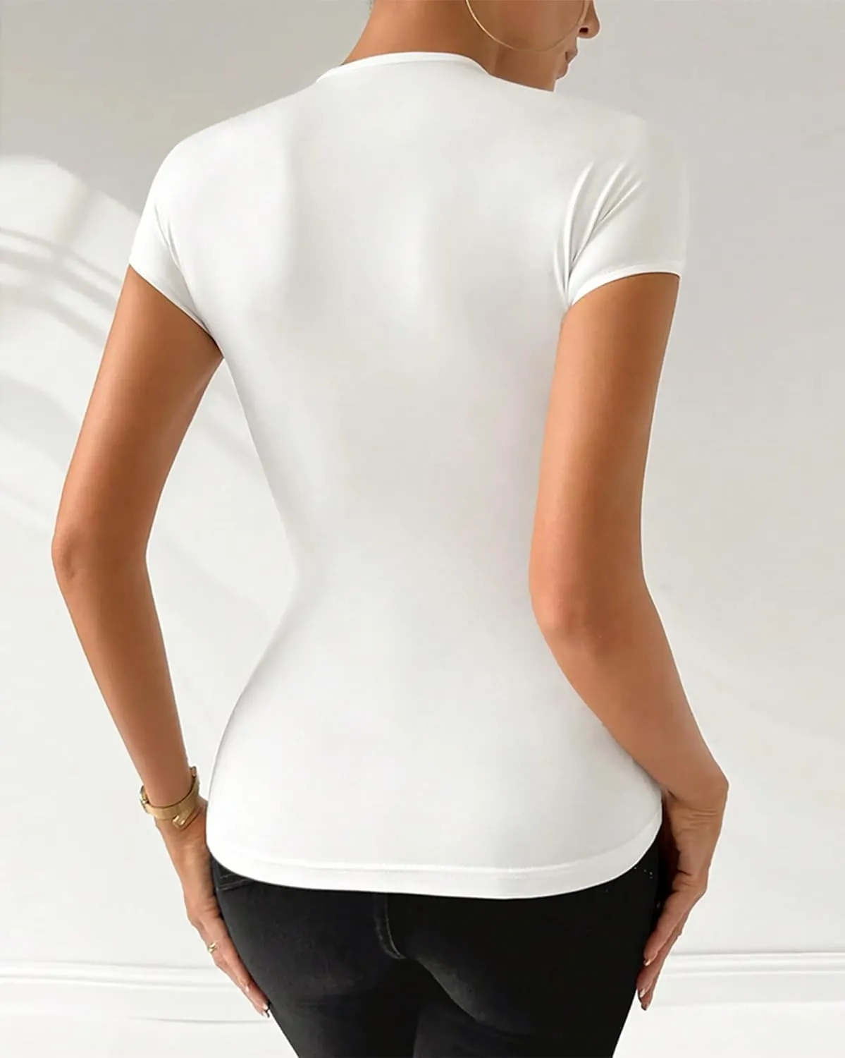 stylewe Criss Cross Tops for Women Cut Out Cap Sleeve Top V Neck Fitted Twist Knot Front Metal Decor Tee