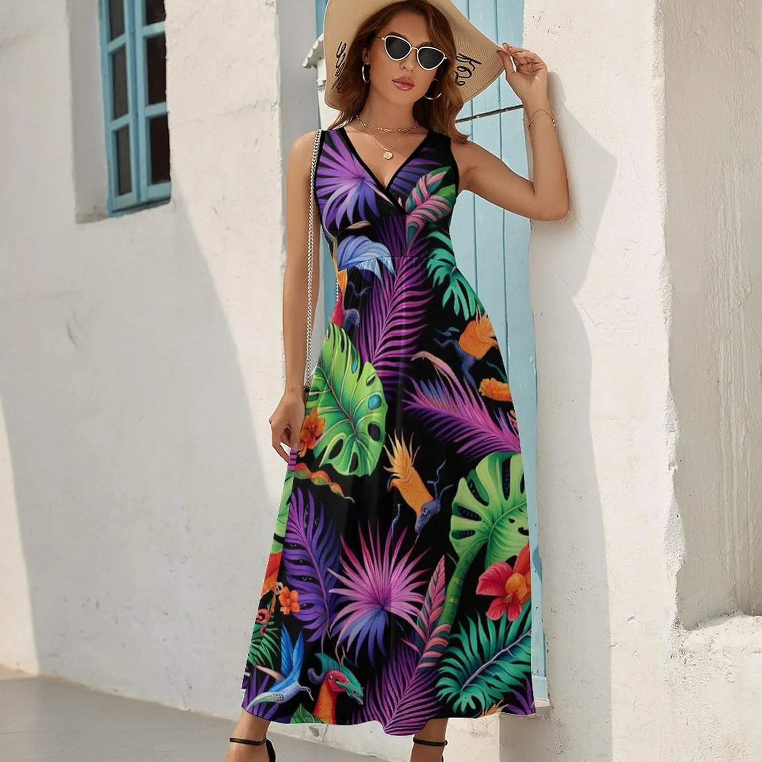 Summer Casual Tunic Dress V-Neck Sleeveless Fitted Beach Swing Dress